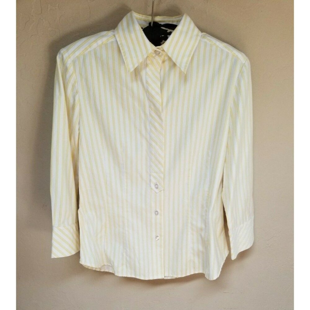Saks Fifth Avenue Top Womens Size 0 Classic Yellow/White Striped Shirt Blouse
